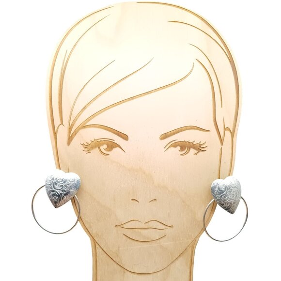 Heart Shaped Vintage Engraved Silver Tone Hoop Earrings - Picture 3 of 4